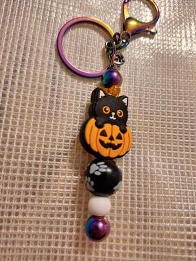 Black Cat Oil Slick Rainbow Kawaii Keychain Purse Charm new